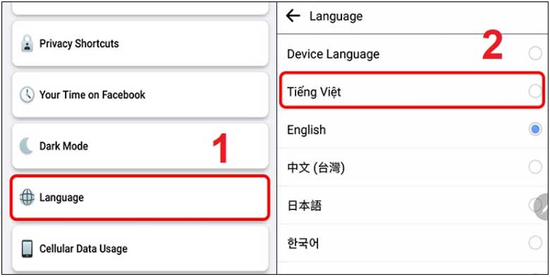 cách chuyển facebook sang tiếng việt trên điện thoại 2